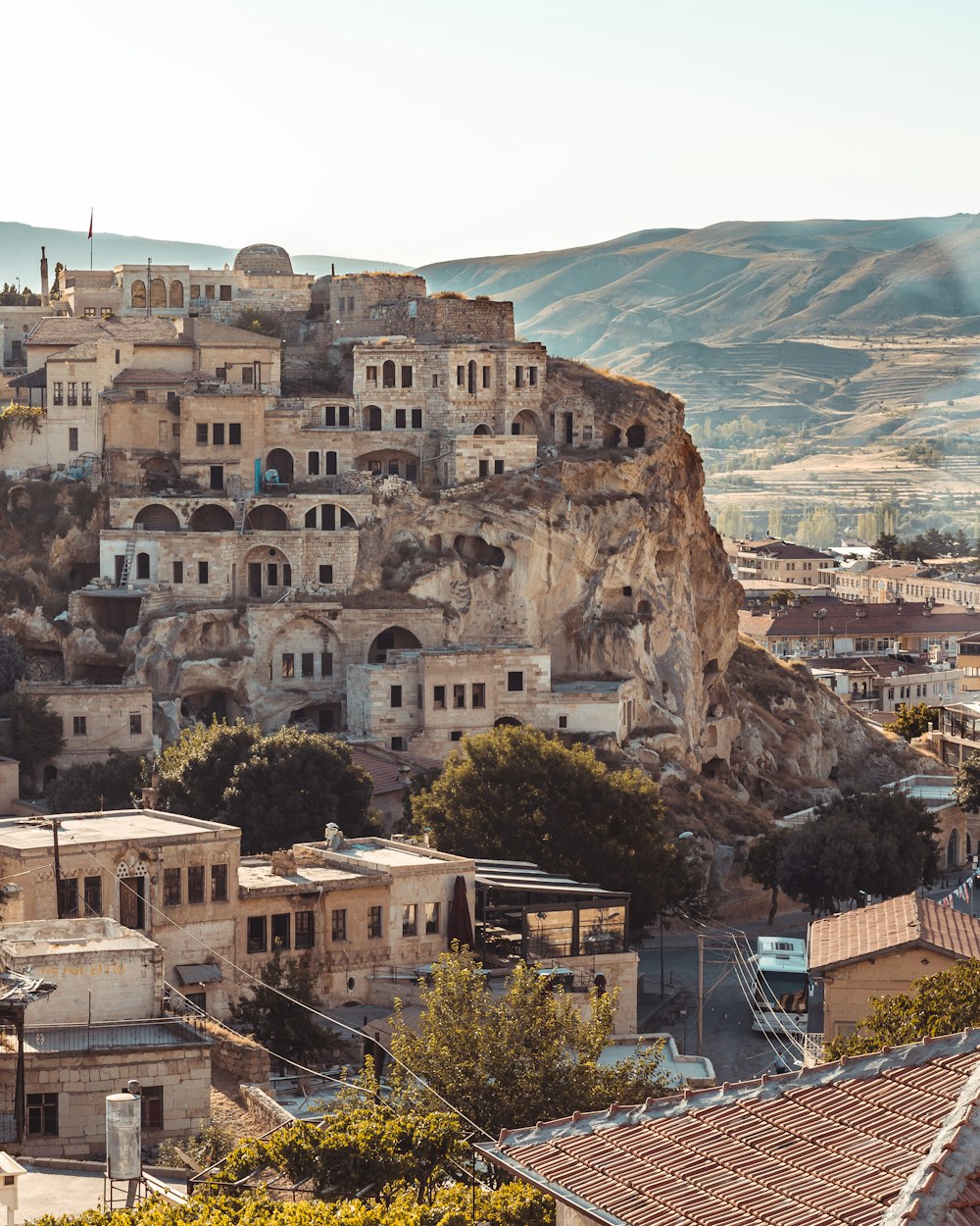 a city with a mountain in the background