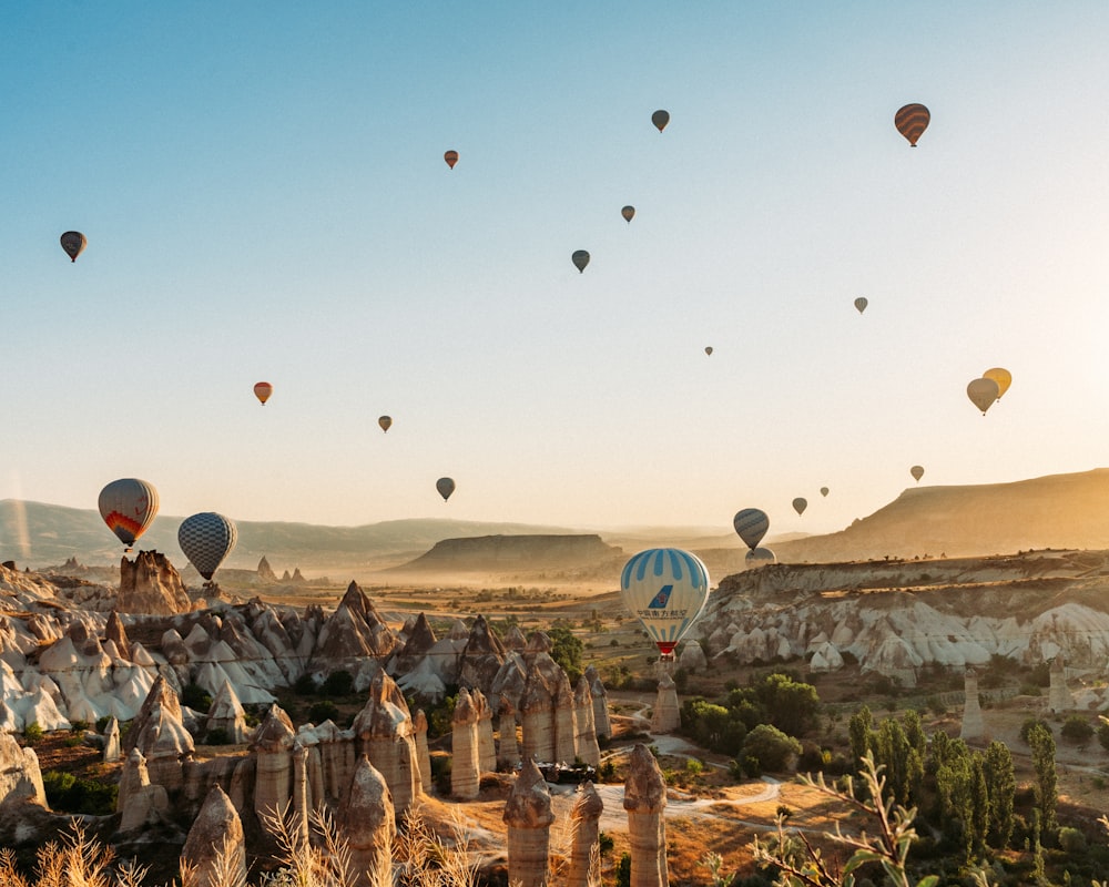 a group of hot air balloons flying over a valley