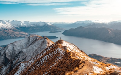 a view of a mountain range with a lake in the distance