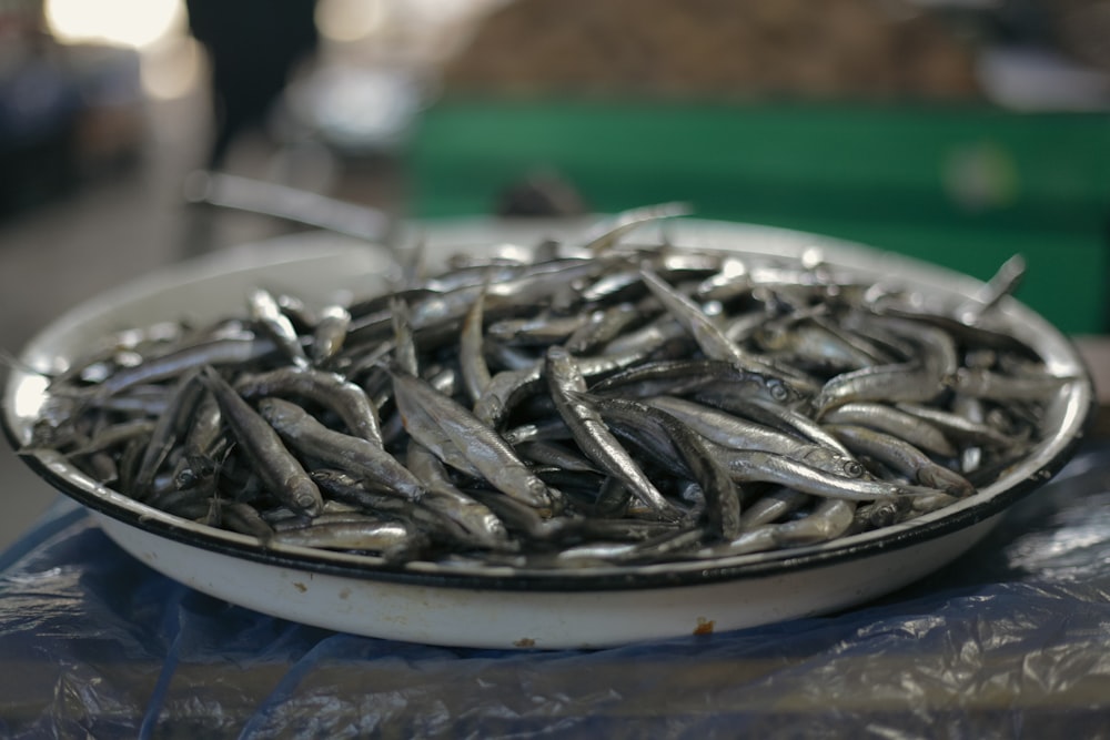 un cuenco blanco lleno de peces plateados encima de una mesa