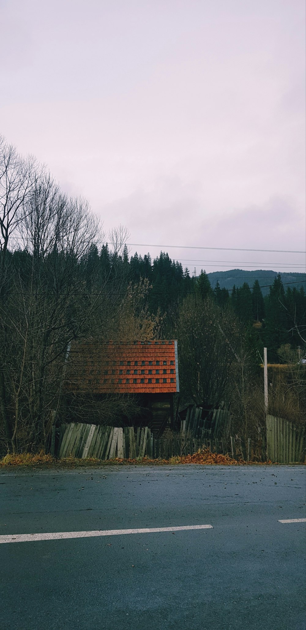 an old building with a rusted roof next to a forest