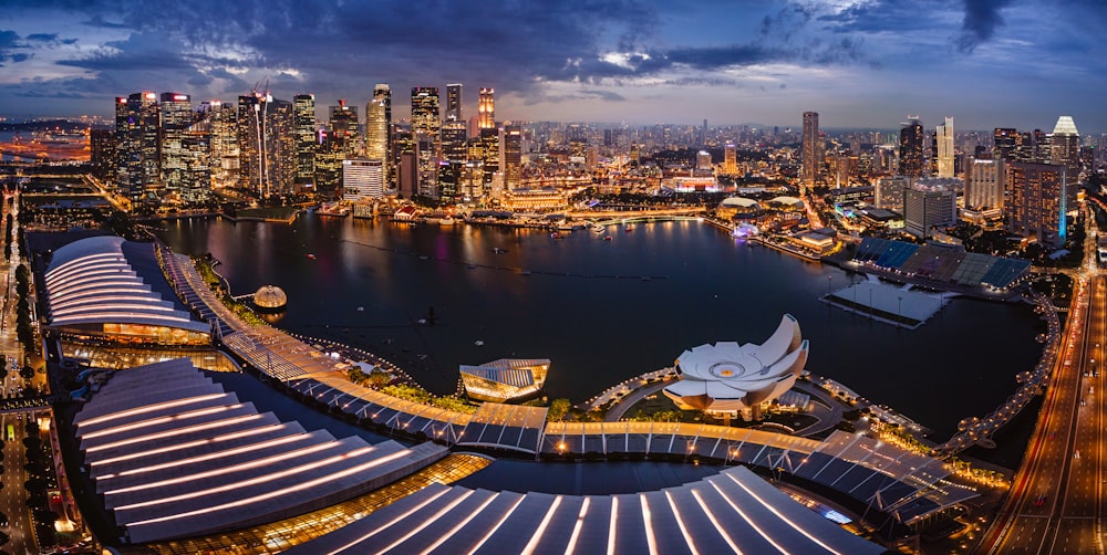 an aerial view of a city at night