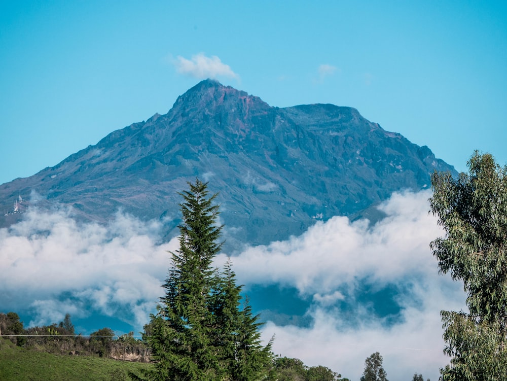 a view of a mountain with clouds and trees