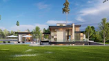 a rendering of a modern house with a pool