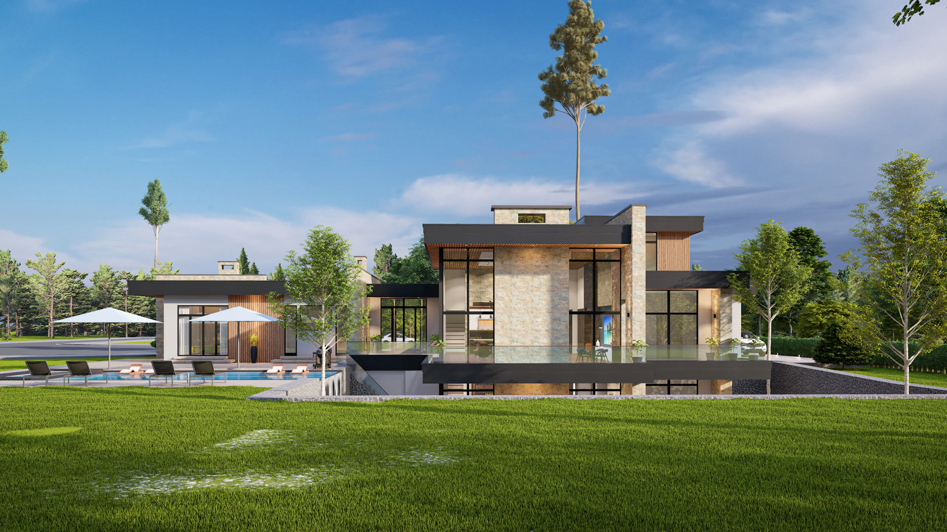 Architectural render of a modern villa with a swimming pool
