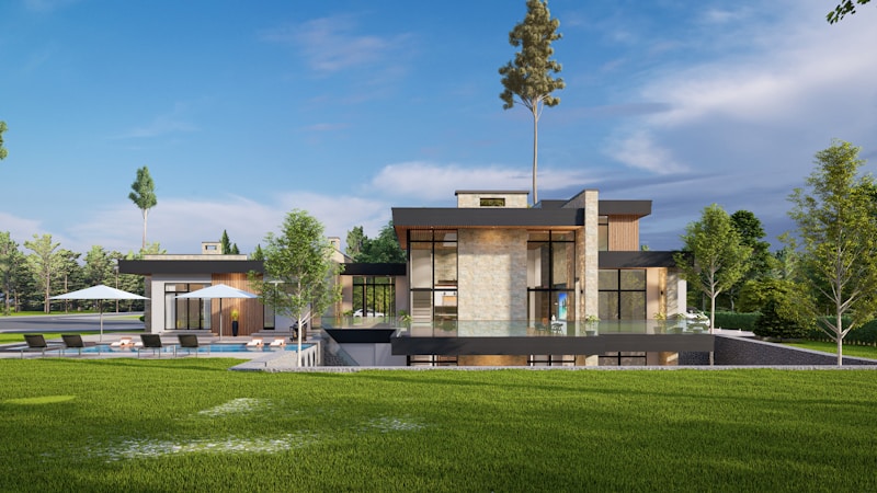 Modern desert-style luxury home with a large pool and expansive glass walls, comparable to new Summerlin custom construction