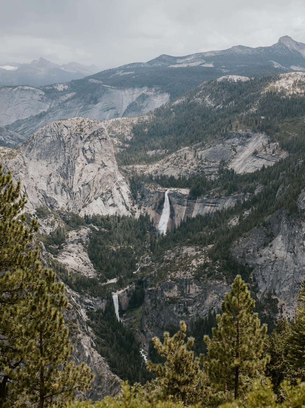 a scenic view of a waterfall in the mountains