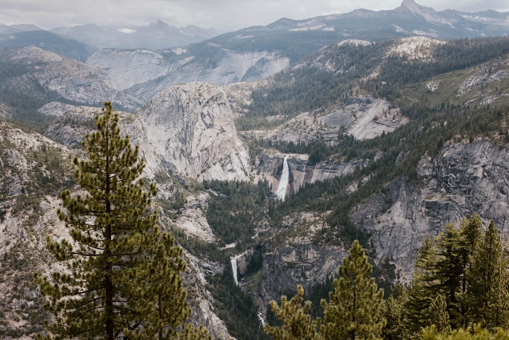 a scenic view of a waterfall in the mountains