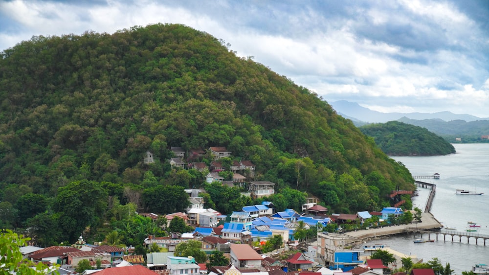 a view of a village on a hill with a body of water in the background