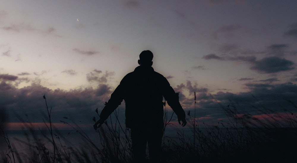 a silhouette of a person standing in a field