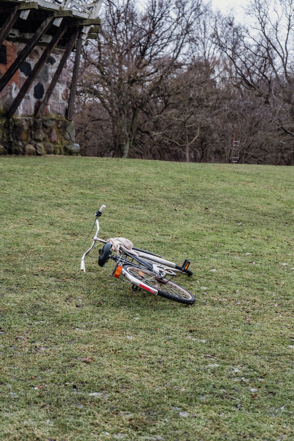 a bicycle laying on the ground in a field