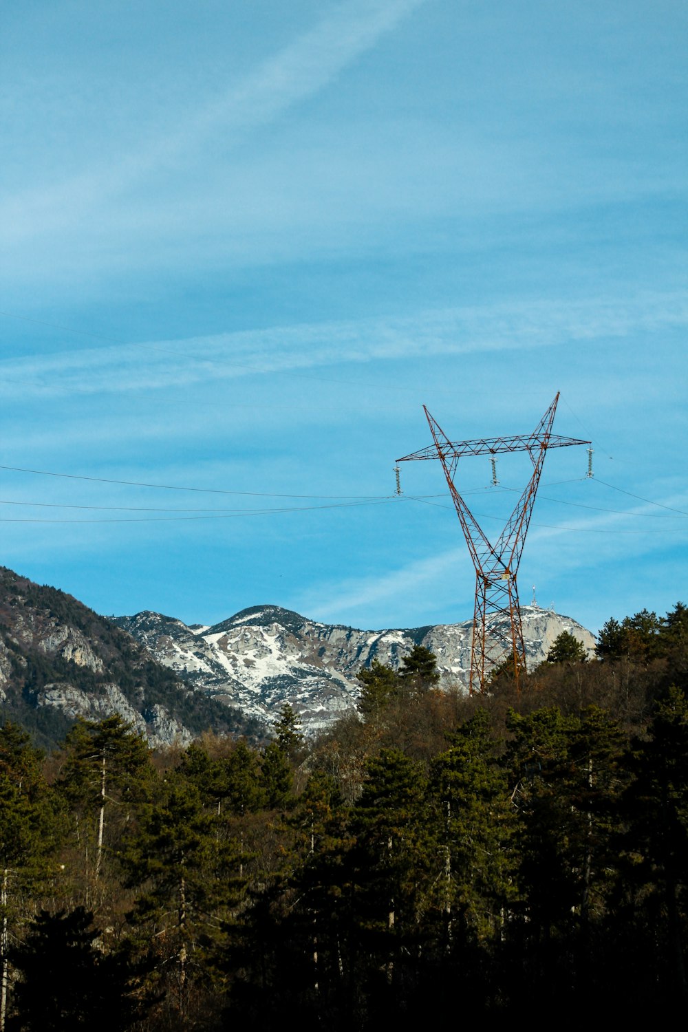 a power line in the middle of a forest with mountains in the background