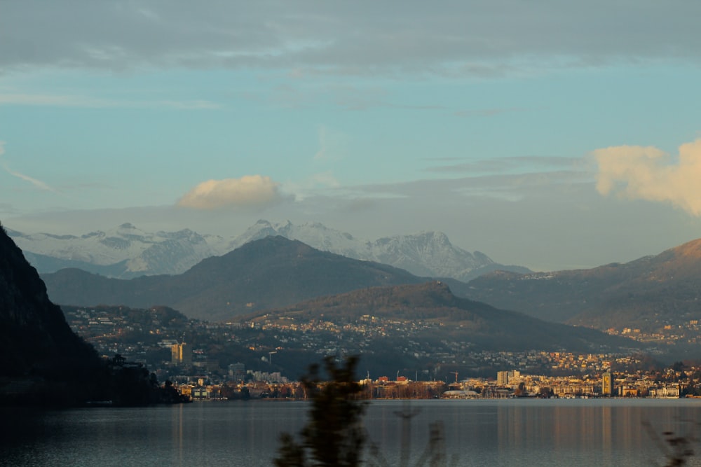 a lake with mountains in the background and clouds in the sky