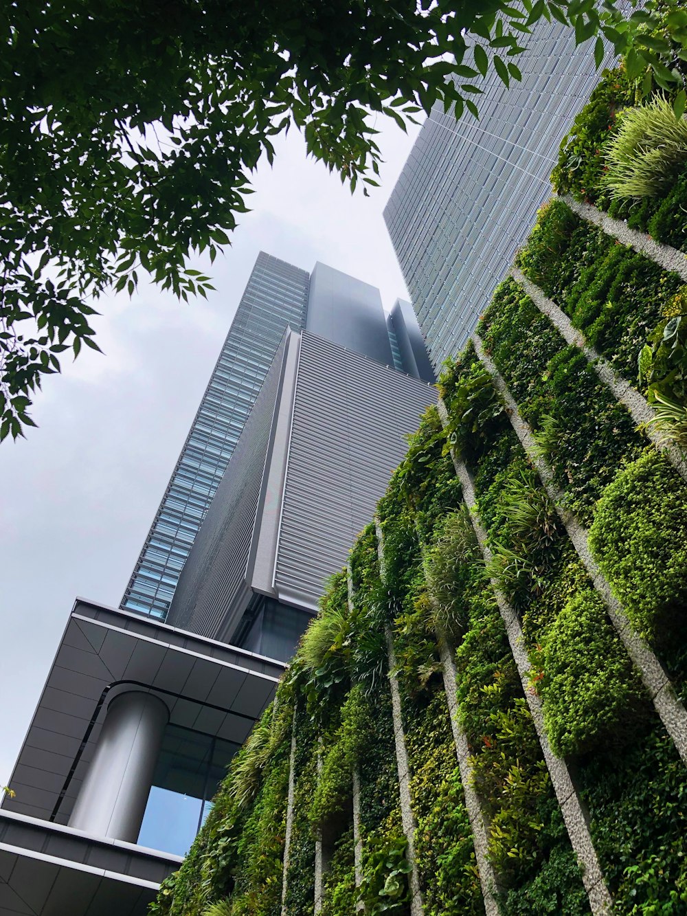 a very tall building with a lot of plants growing on it