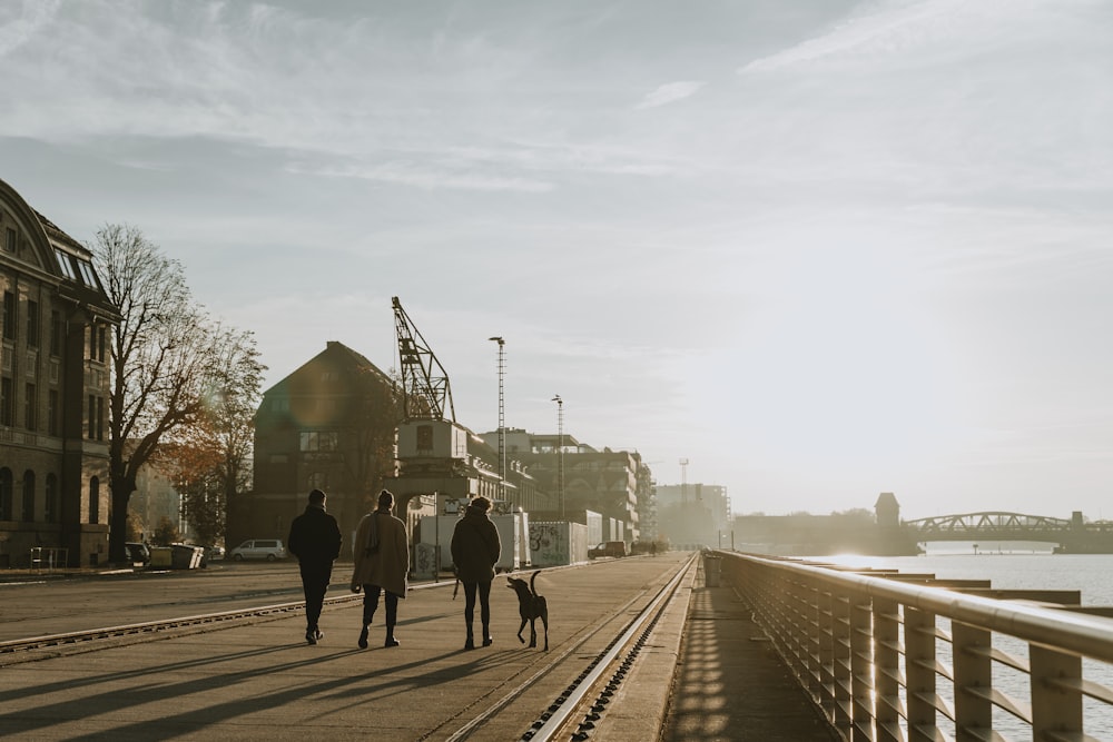 a group of people walking down a sidewalk next to a river