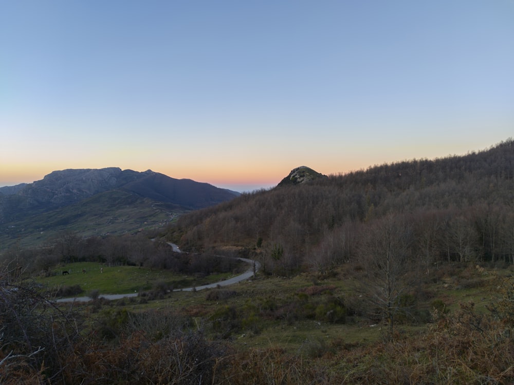 a scenic view of a mountain with a winding road in the foreground