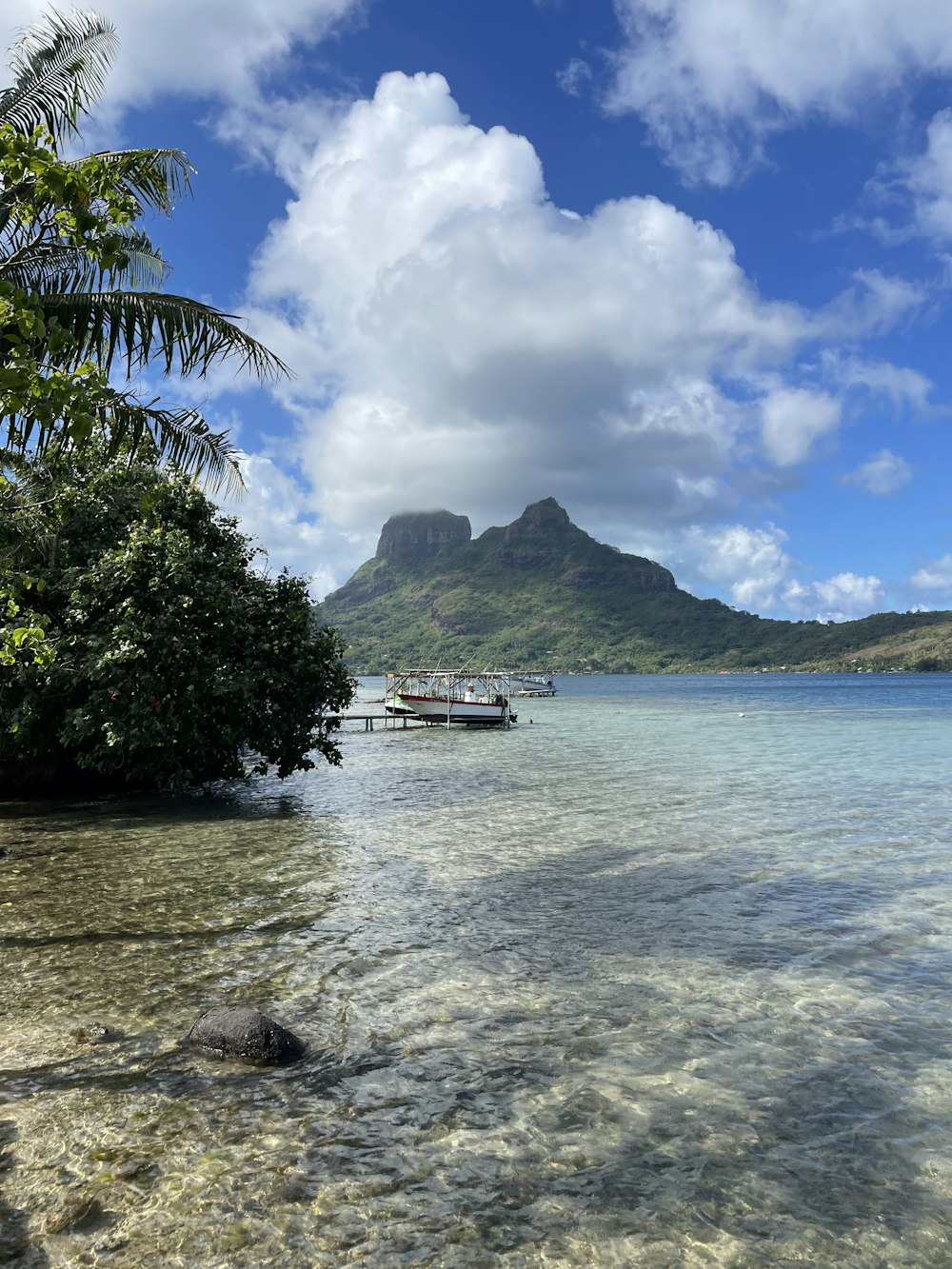 a body of water with a mountain in the background