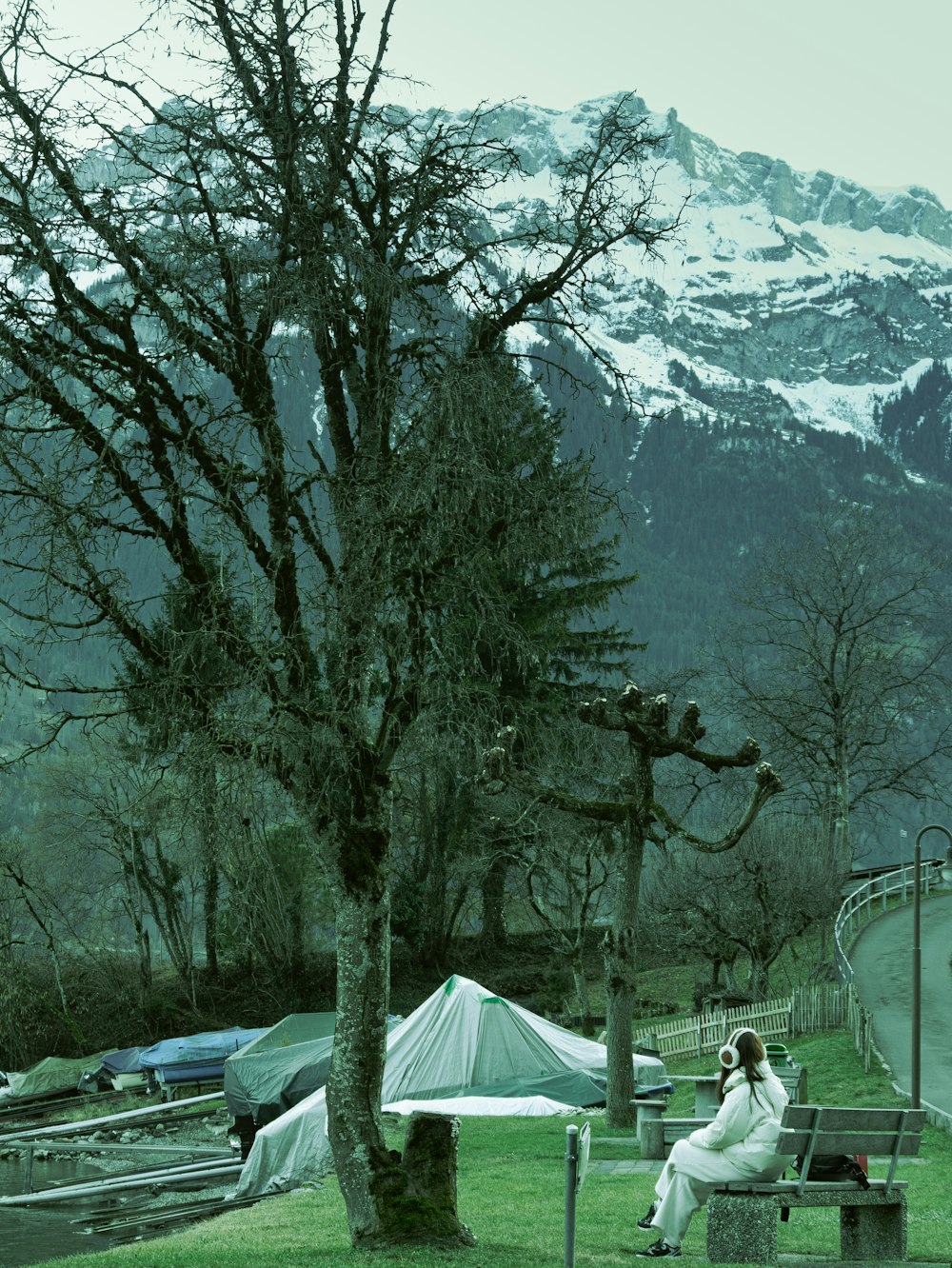 a woman sitting on a bench next to a tree