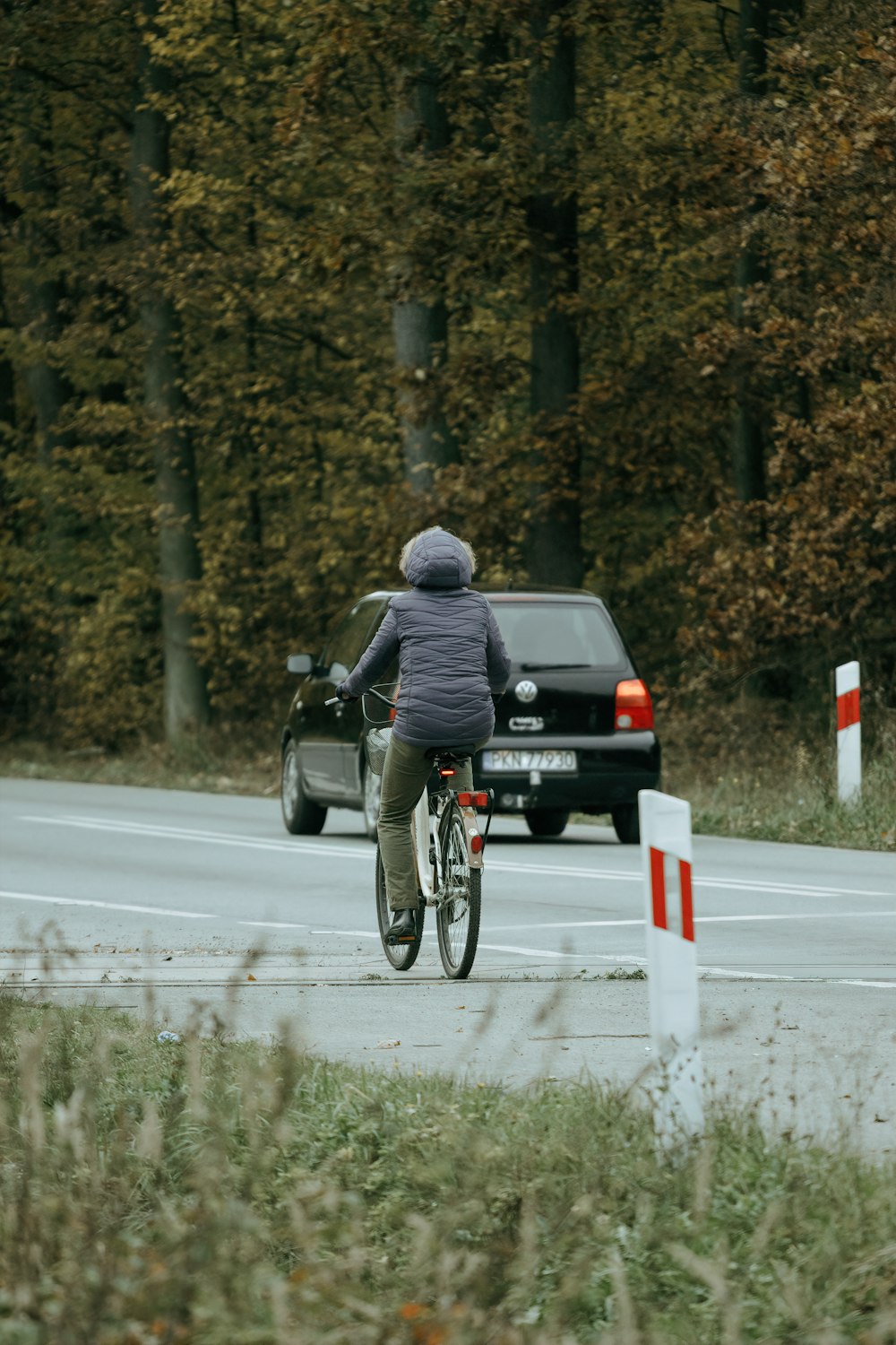 a man riding a bike down a street next to a forest