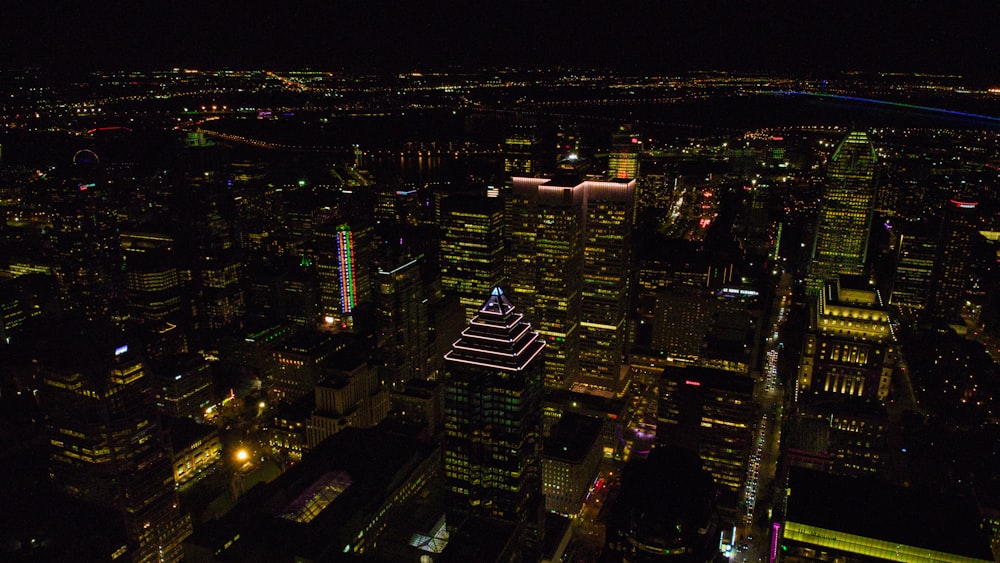 an aerial view of a city at night