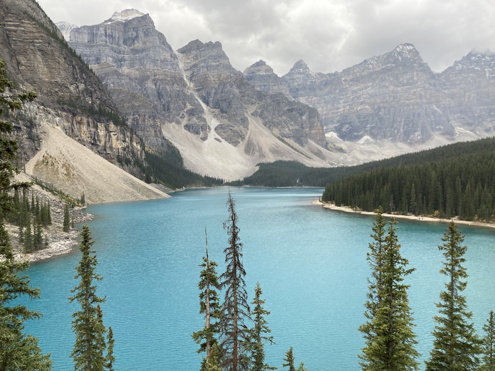 a blue lake surrounded by mountains and trees