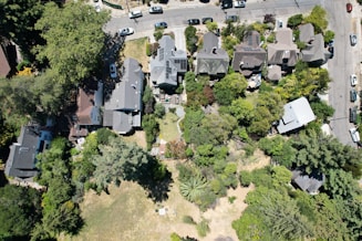 an aerial view of a neighborhood with lots of trees