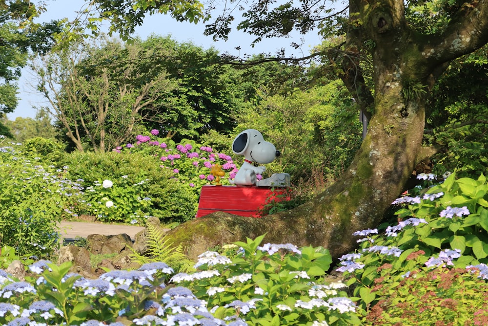 a stuffed dog sitting on top of a red box