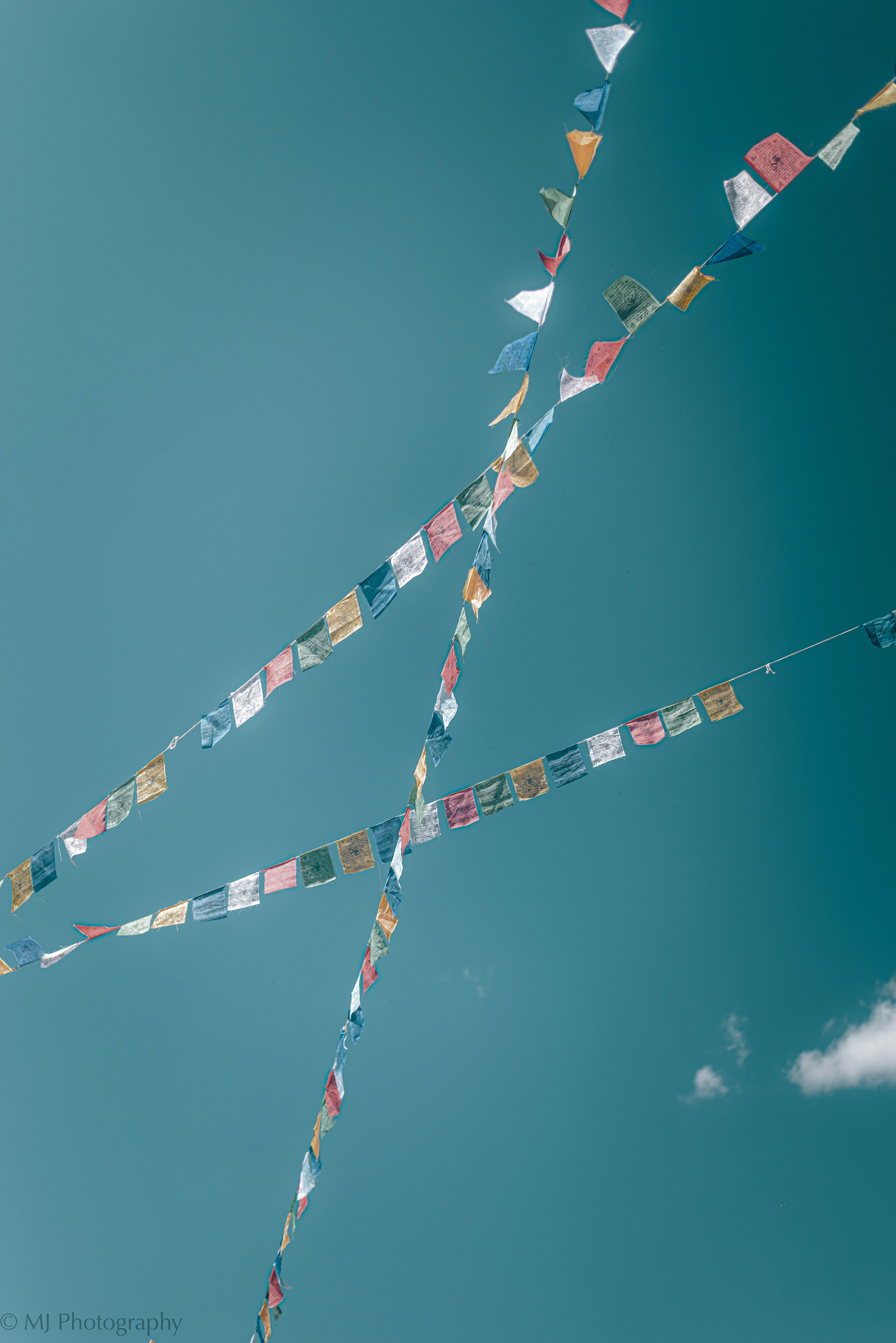 a group of flags flying in the sky
