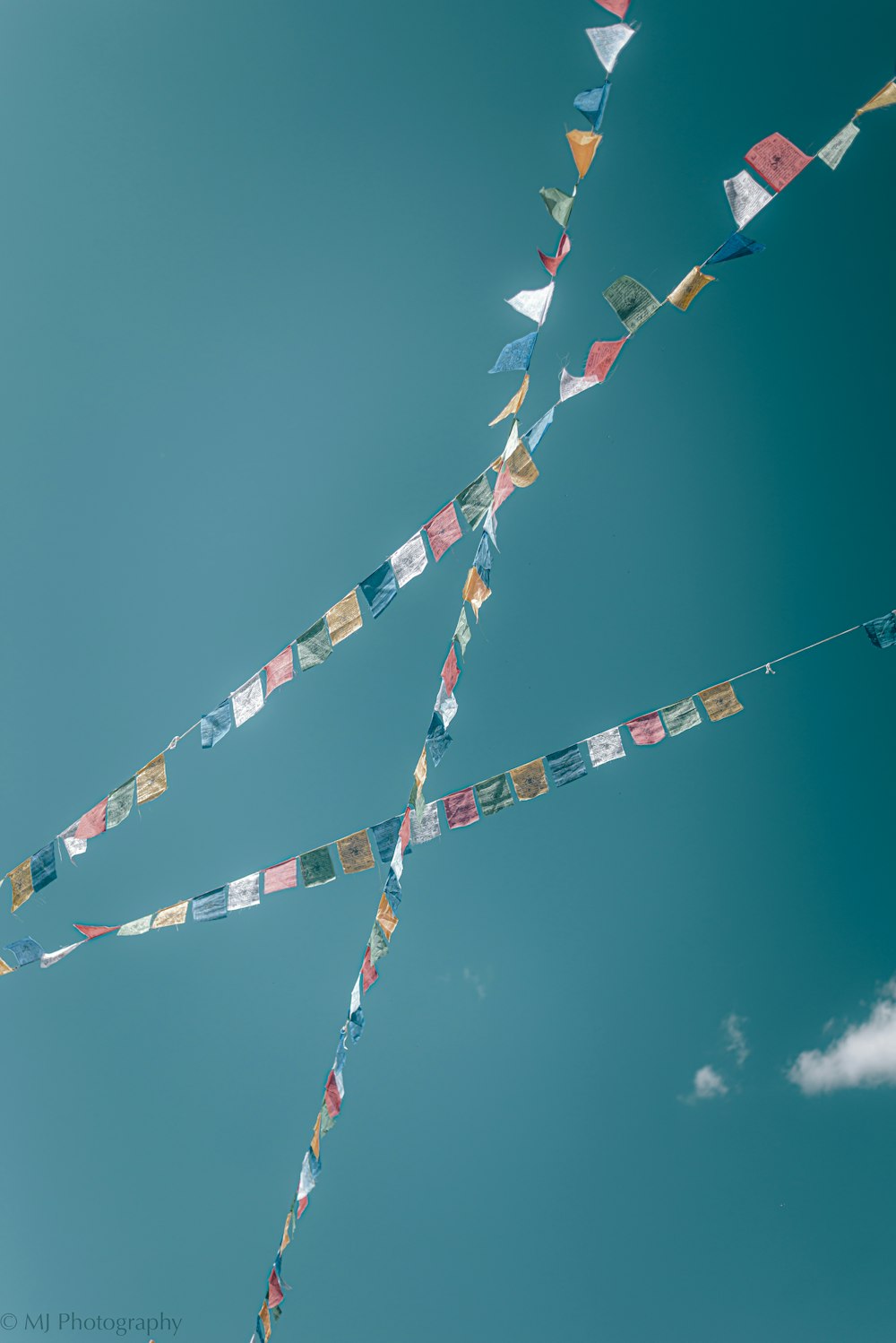 a group of flags flying in the sky