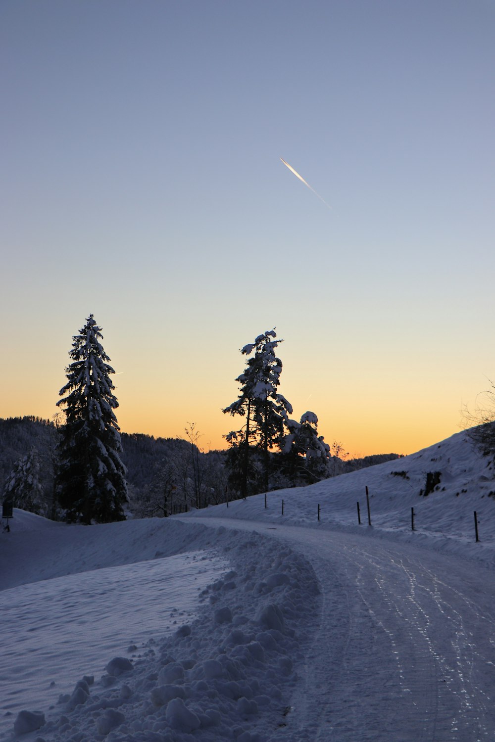 eine schneebedeckte Straße mit Bäumen im Hintergrund