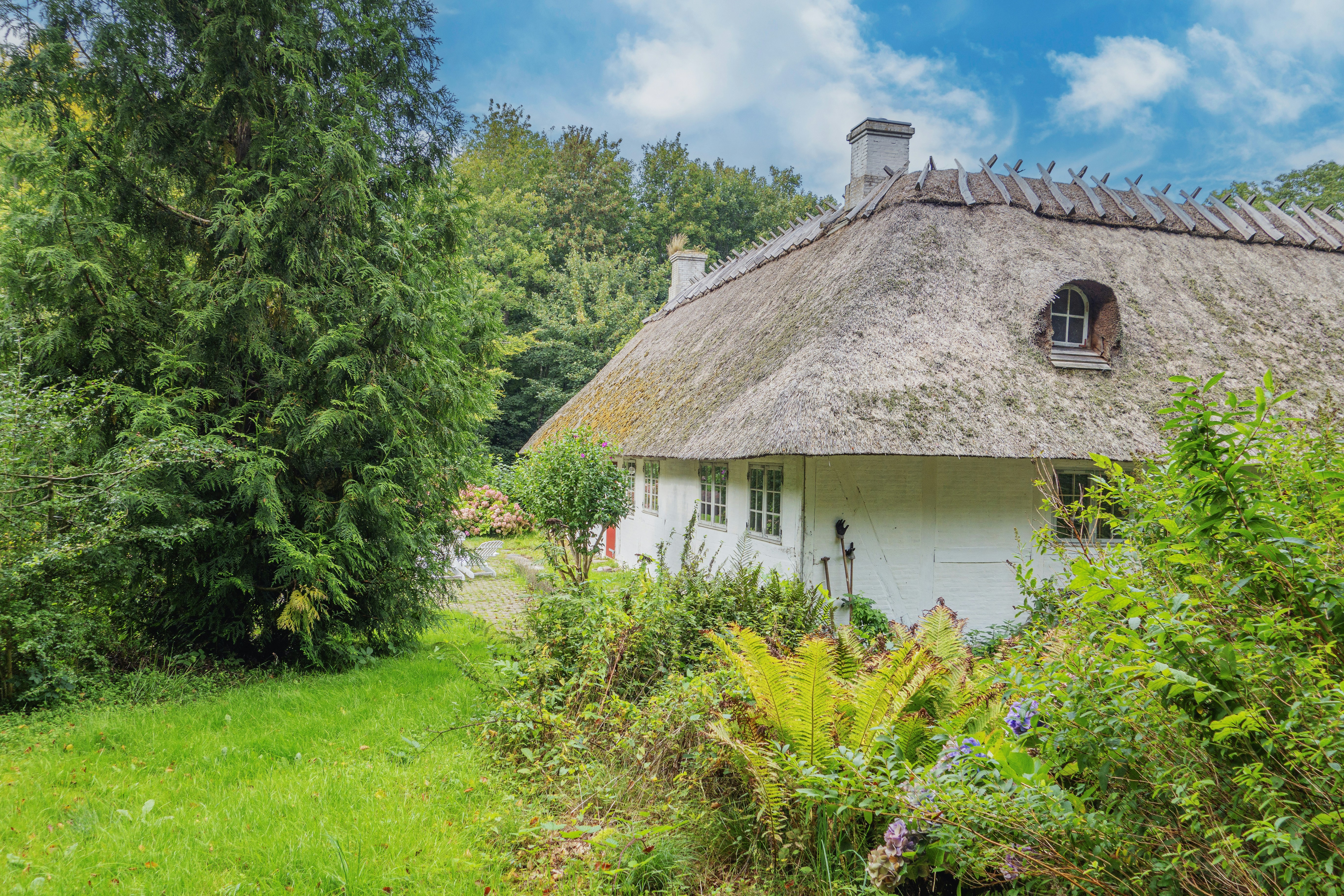 a white house with a thatched roof surrounded by trees