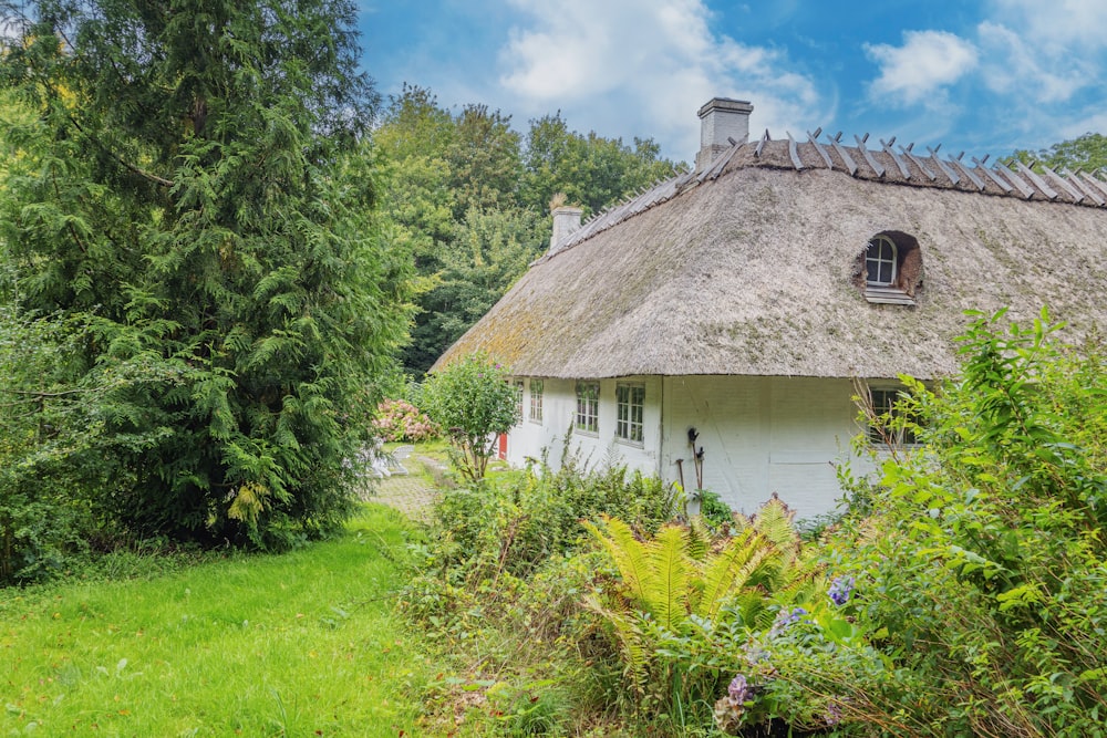 a white house with a thatched roof surrounded by trees