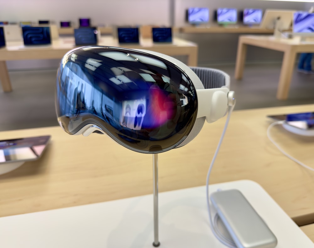 a pair of goggles sitting on top of a table