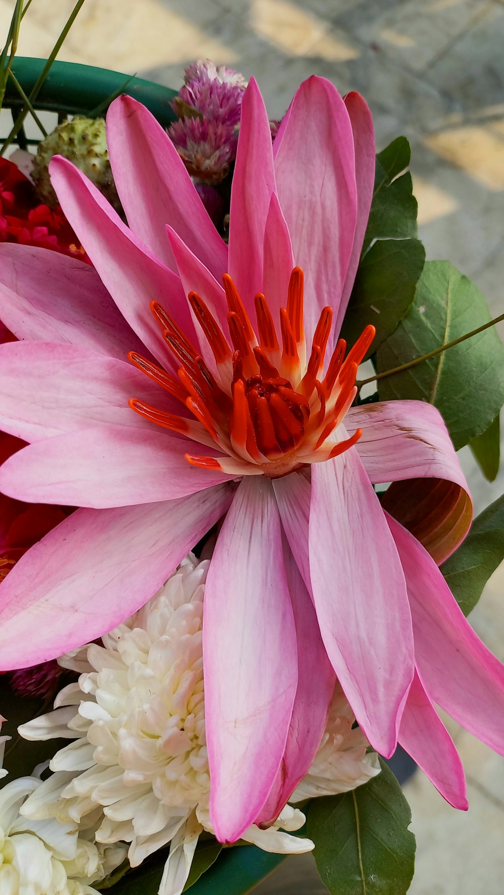 a pink and white flower in a green basket