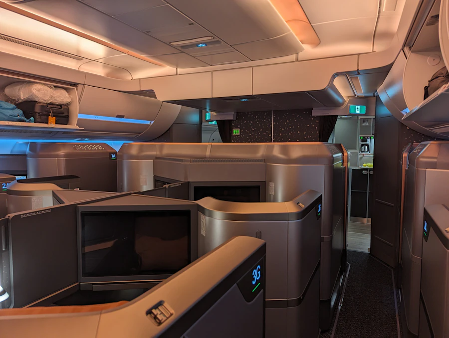 First Class cabin interior with lie-flat seating
