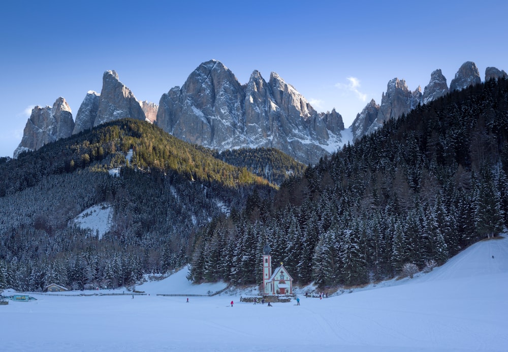 a snowy landscape with a mountain range in the background