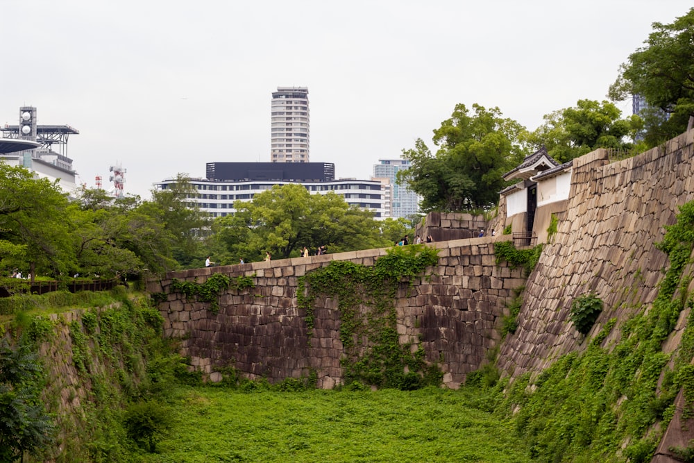 a very tall building next to a lush green field