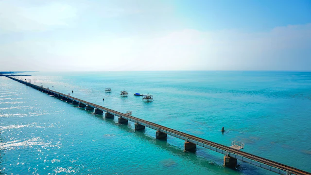 A long road bridge stretching over turquoise water, Rameswaram