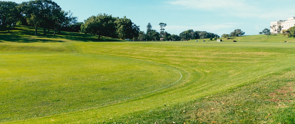 a large grassy field with a house in the background