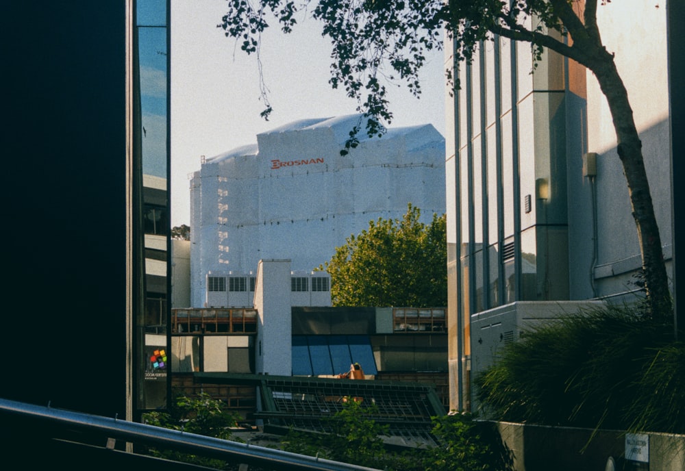 a view of a building through a window