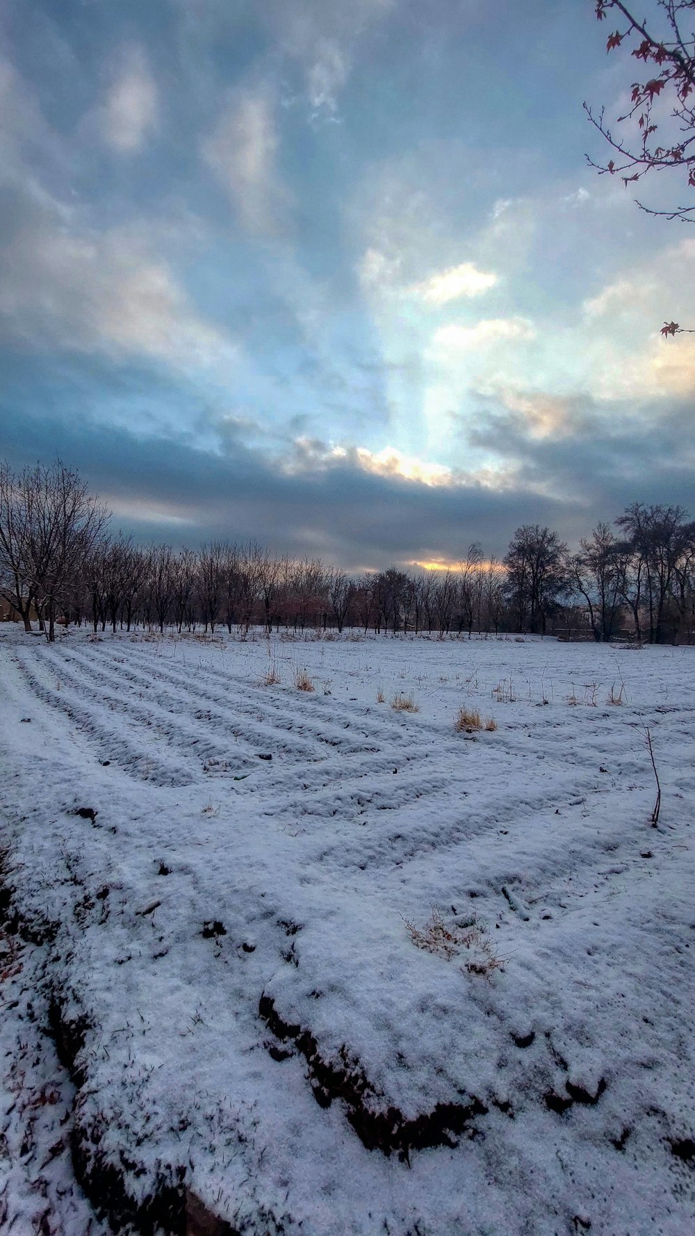 a field covered in snow with a sky in the background