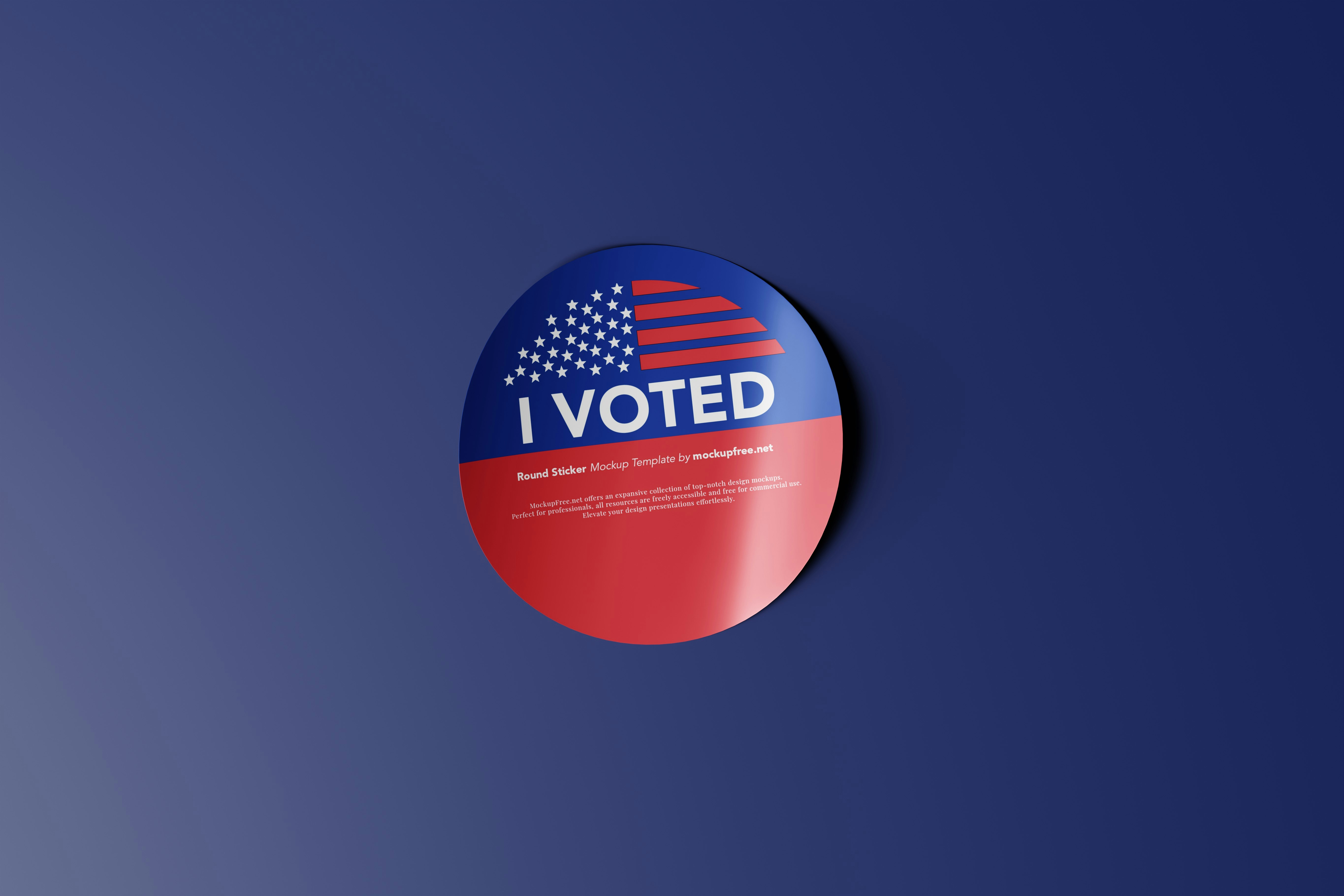 a red, white and blue button with the words i vote on it
