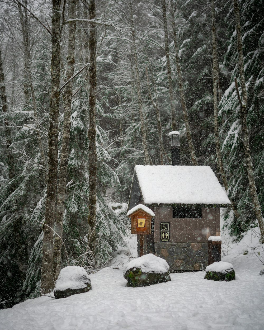 a small cabin in the middle of a snowy forest