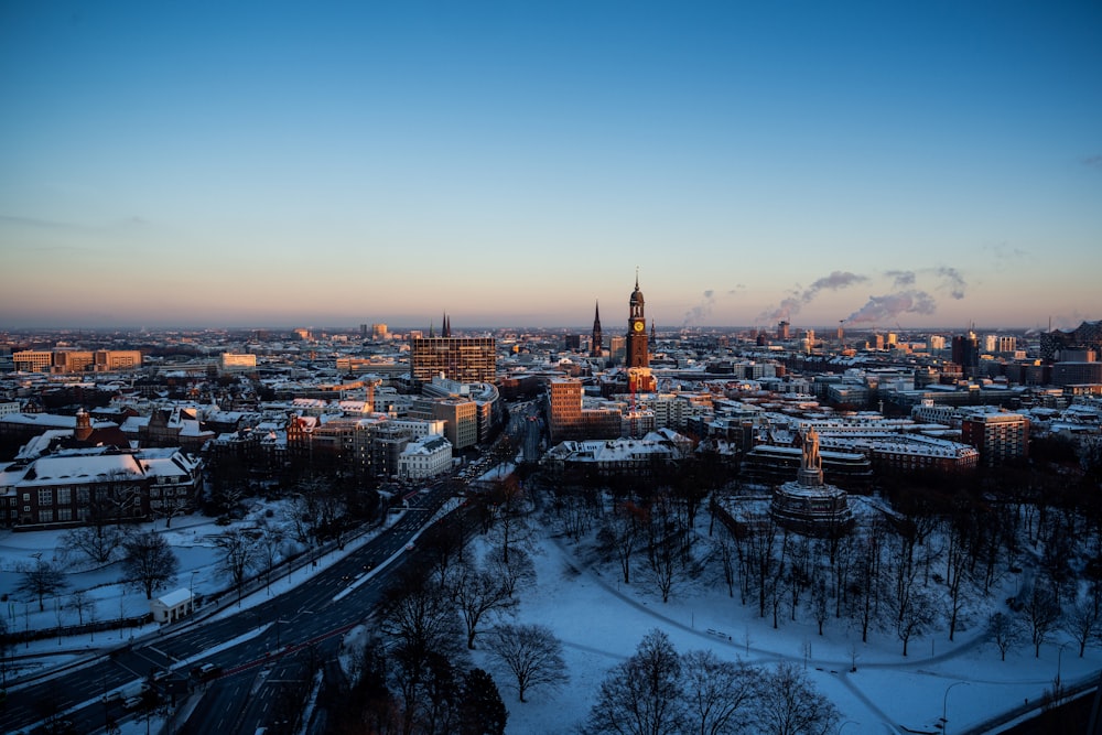 a view of a city in the winter