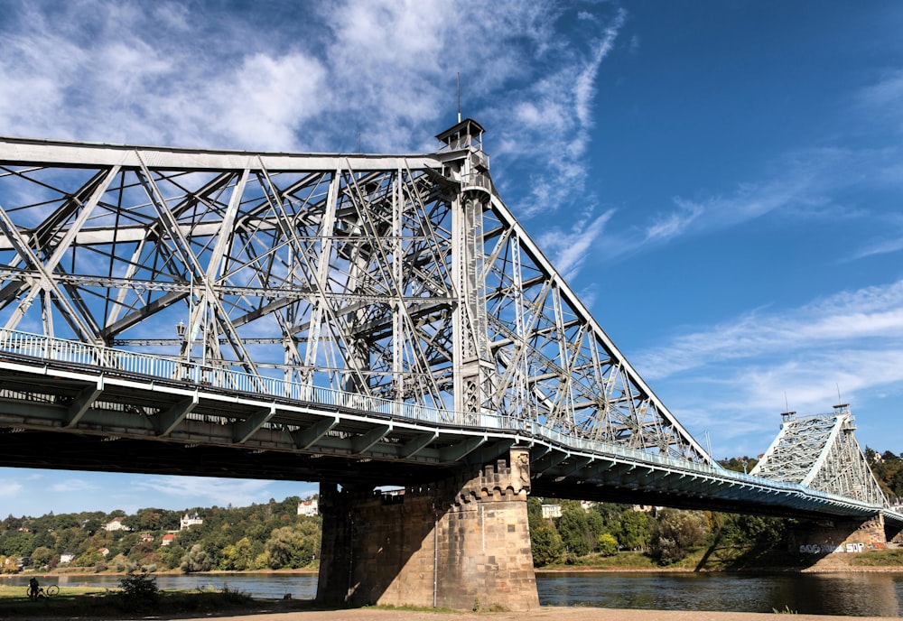 a large metal bridge over a river under a blue sky