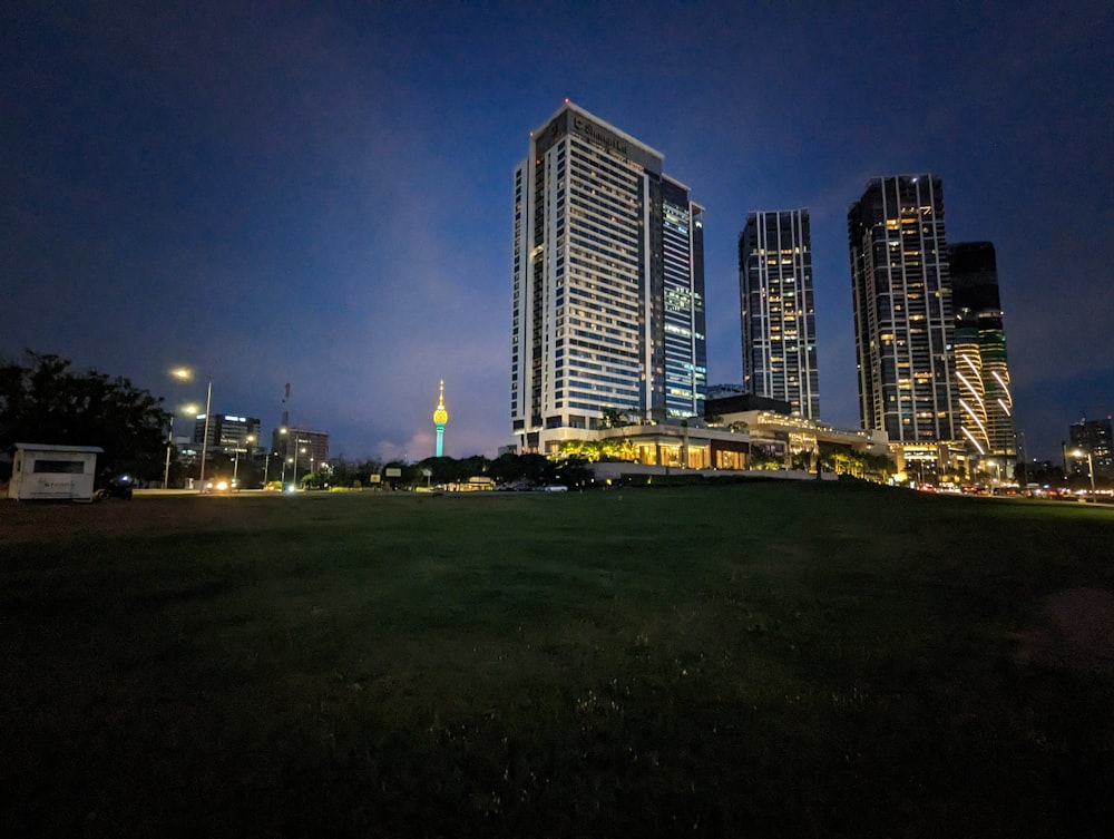 a grassy field in front of tall buildings at night
