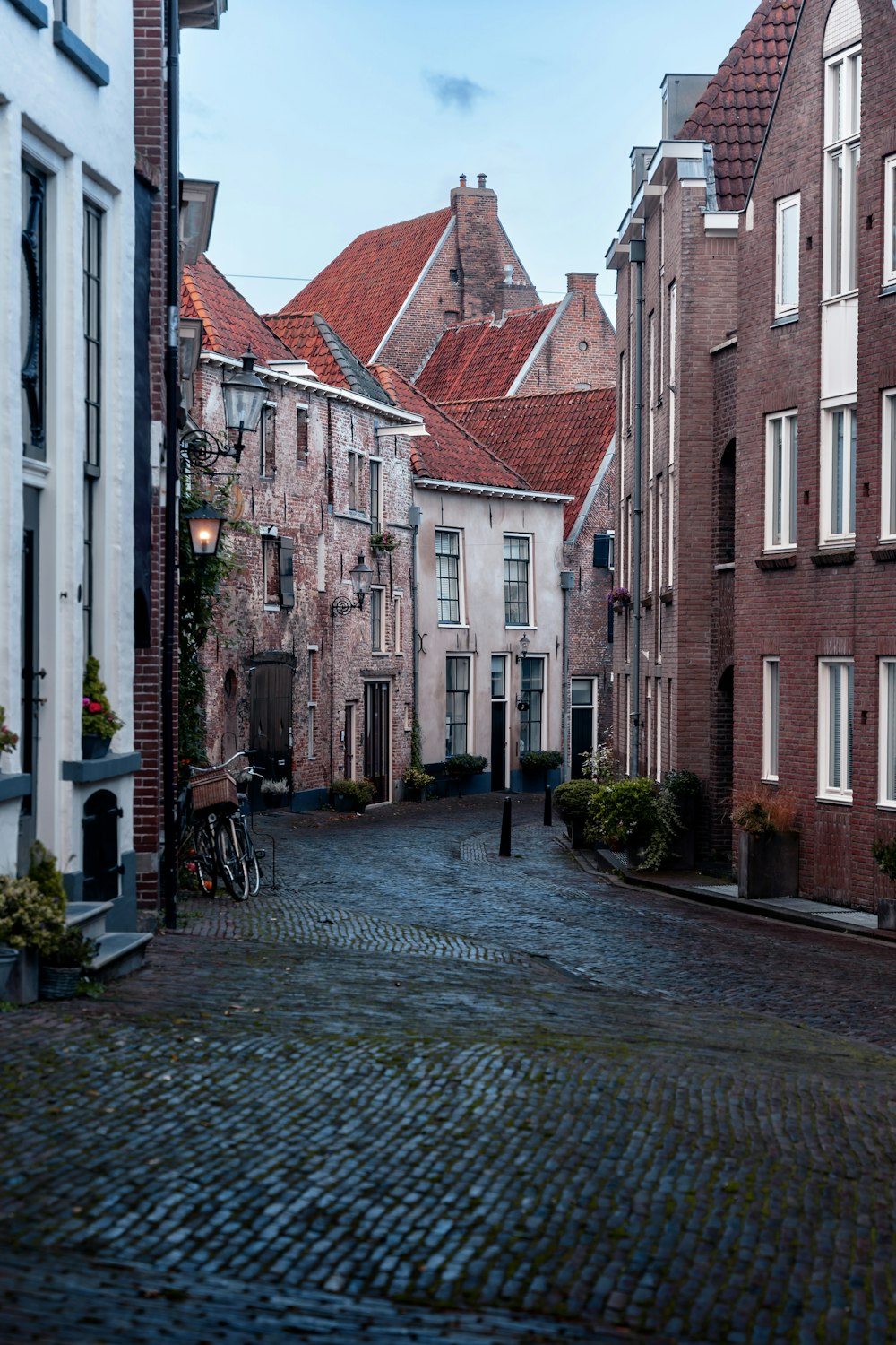 a cobblestone street in a european city