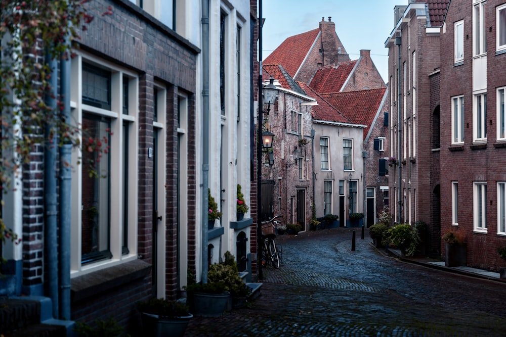 a cobblestone street in a european city