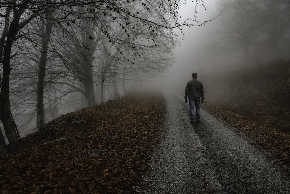 a man walking down a road in a foggy forest