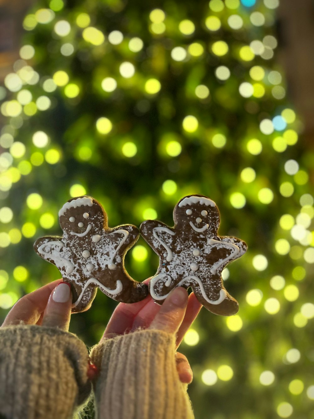 a person holding two cookies in front of a christmas tree